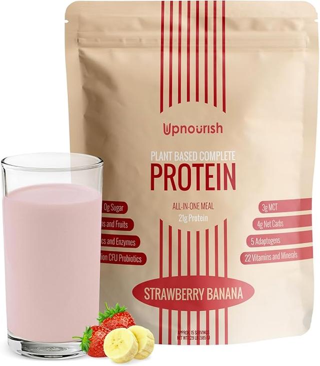 UpNourish 딸기 바나나 비건 단백질 파우더 54가지 슈퍼푸드 파우더, 15억 CFU 프로바이오틱스 21g 식물 기반 단백질, 설탕 없음, 유제품 없음, GMO 유제품 없음, 식사 대용 쉐이크 케토 친화적 저탄수화물 다이어트, 15회 분량 상품 이미지