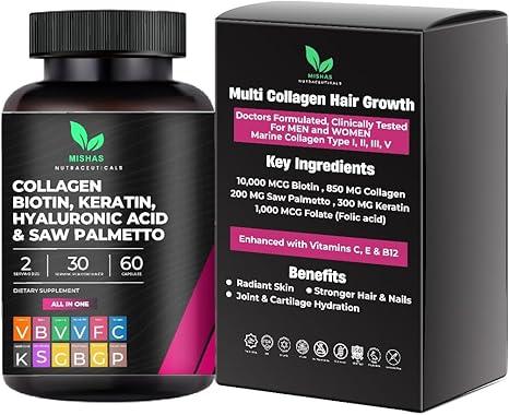 멀티 콜라겐 헤어 알약 - 비오틴 10,000mcg, 케라틴 및 히알루론산 - 모발 성장 - 모발 피부 및 손톱 - DHT 차단, 쏘팔메토, 비타민 E, 엽산, 호박 씨앗, MSM - 비건 캡슐 60개