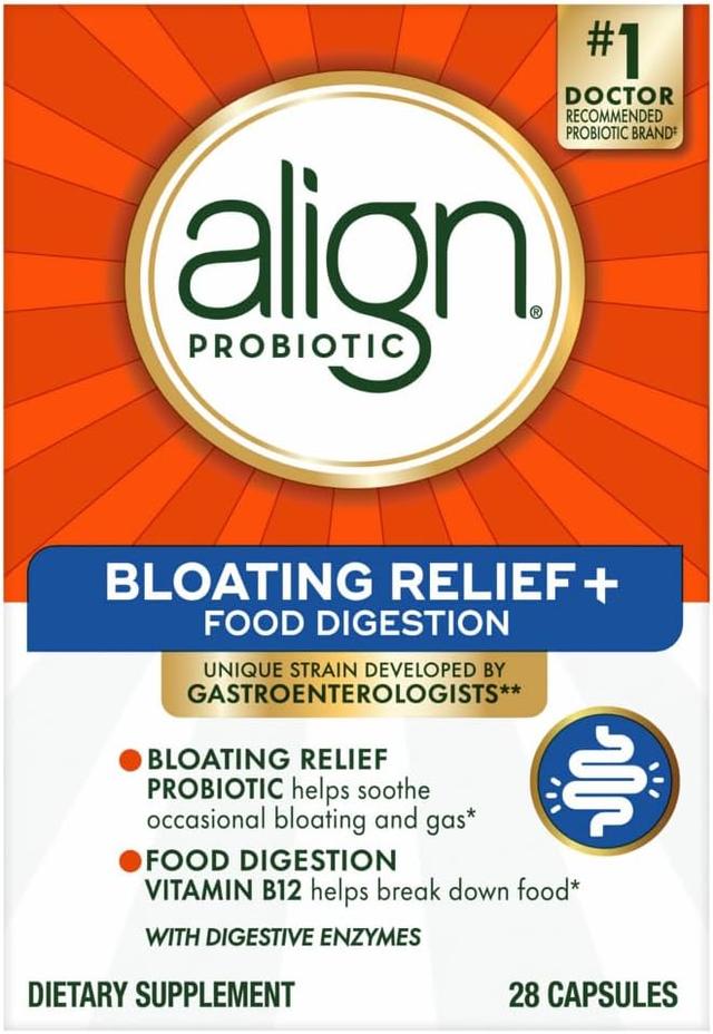 Align Probiotic Bloating Relief + Food Digestion, Probiotics for Women and Men, #1 Doctor Recommended Brand‡, Promotes Digestive Health and Helps Support the Metabolism of Food*, 28 Capsules 상품 이미지
