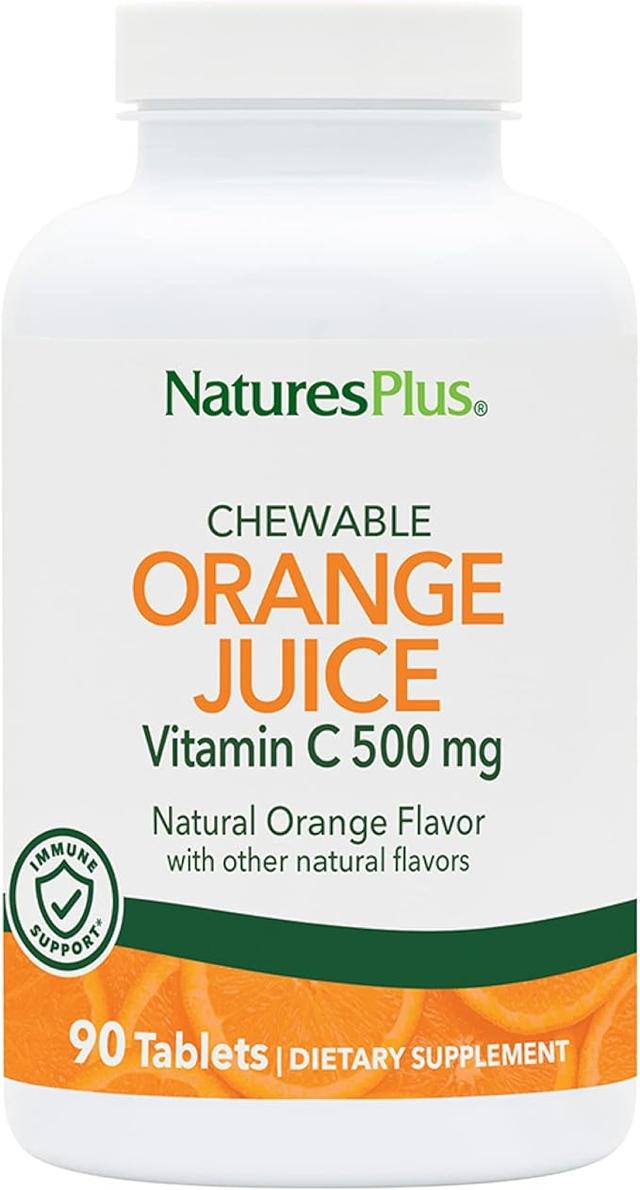 Natures Plus, 오렌지 주스, 츄어블, 비타민 C - 500mg, 90정 - 고효능, 면역 및 혈관 건강 지원 보충제, 항산화제 - 위장에 순함 - 채식주의자, 글루텐 프리 - 90회 제공량