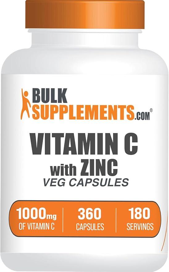 BulkSupplements.com 아연 캡슐 함유 비타민C - 비타민C 1000mg & 아연 15mg, 면역 지원 - 비건, 1회 제공량당 캡슐 2정, 베지 360개(1팩)