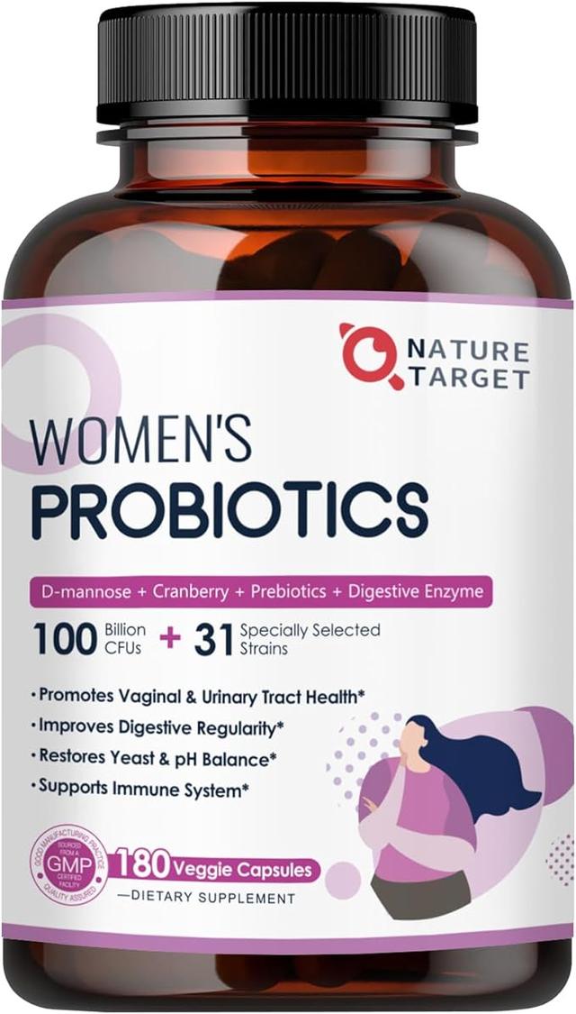 NATURE TARGET Probiotics for Women, 100 Billion CFUs Probiotic with Digestive Enzymes & Prebiotics, Vaginal Probiotics with Cranberry for Urinary Tract Health, pH Balance, 180 Veggie Capsules 상품 이미지