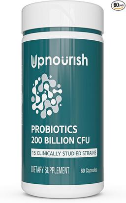 UpNourish Probiotics - 200 Billion CFUs for Men and Women, 15 Clinically Studied Strains, Prebiotics & Enzymes - 60 Vegan Capsules 이미지