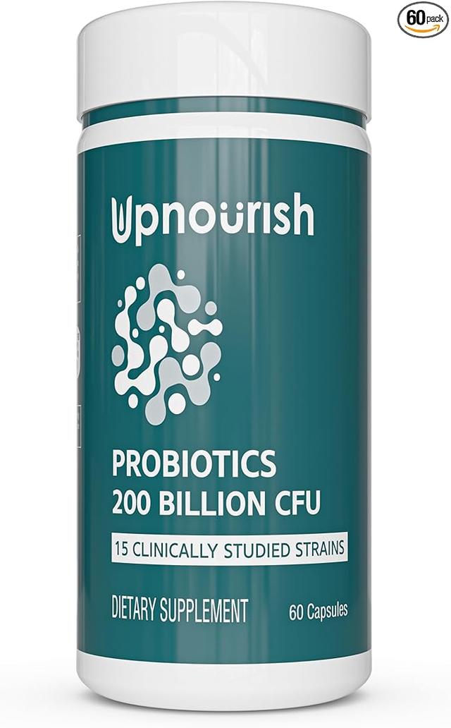 UpNourish Probiotics - 200 Billion CFUs for Men and Women, 15 Clinically Studied Strains, Prebiotics & Enzymes - 60 Vegan Capsules 상품 이미지
