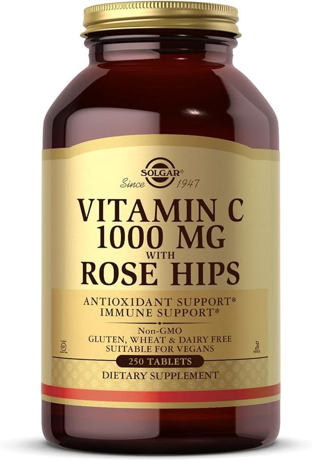 Solgar, 비타민 C 1000mg, 로즈힙 함유, 250정 - 항산화 및 면역 지원 - 전반적인 건강 - 건강한 피부 및 관절 지원 - 유전자 변형 성분 무함유, 비건, 글루텐 프리, 유제품 프리, 코셔 - 250회 제공량