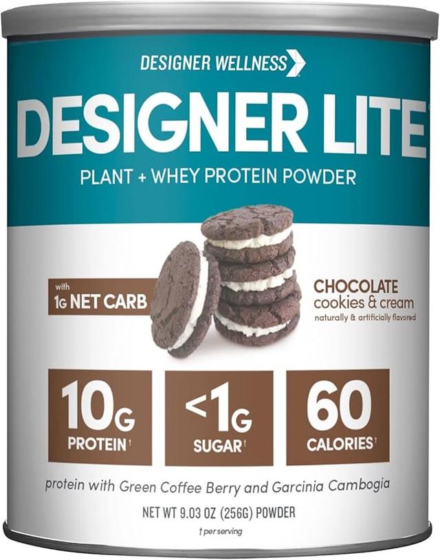 Designer Wellness, Designer Lite, 저칼로리 천연 단백질, 프리바이오틱 섬유, 주요 비타민 및 미네랄, 초콜릿 쿠키 & 크림, 256g(9온스) 상품 이미지