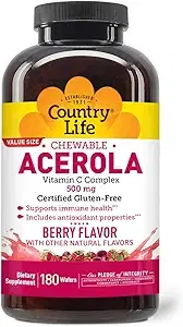 Country Life 아세로라 비타민 C 복합체, 500mg, 츄어블 베리 맛 웨이퍼, 면역 건강 지원, 웨이퍼 180개, GFCO 글루텐 프리 인증, AVA 비건 인증