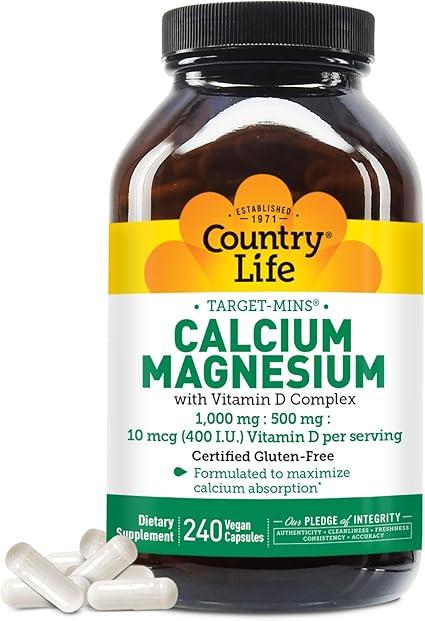 Country Life Target-Mins 비타민 D 복합체가 함유된 칼슘 마그네슘, 1000mg/500mg/10mcg, 비건 캡슐 240개, 글루텐 프리 인증, 비건 인증, GMO 프리 인증
