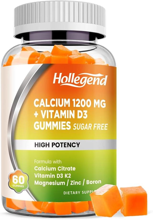 비타민 D3가 함유된 칼슘 1200mg 구미, 마그네슘, 아연, 비타민 K2, 붕소가 함유된 칼슘 시트레이트 츄어블, 뼈 건강, 무설탕, 60개입