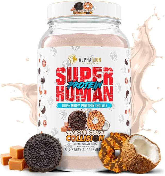 ALPHA LION Superhuman 유청 단백질 파우더, 훌륭한 맛의 순수 분리 유청 단백질, 저탄수화물, 저설탕, 운동 후 팽창 없음, 근육 회복 및 성장 (28회분, 쿠키 충돌)