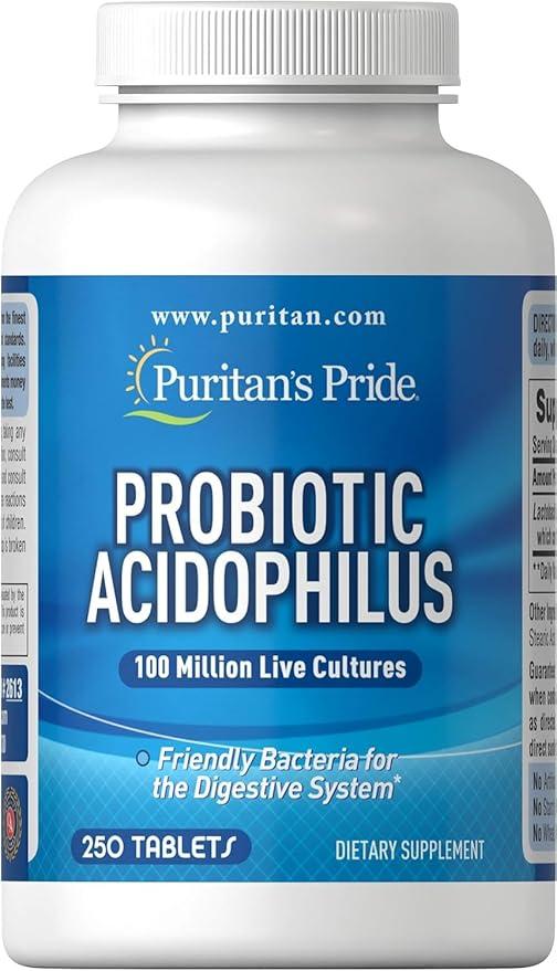 Puritan's Pride Daily Probiotic Acidophilus, 100 Million Live Cultures, Dietary Supplement for Digestive, Gut, and Immune Health, Soy, Sodium, and Gluten Free, 8 Month Supply, 250 Tablets 상품 이미지