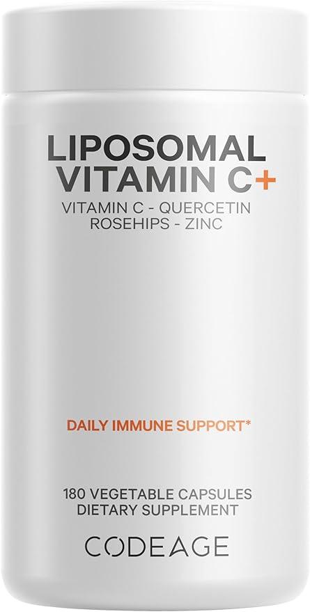 Codeage, 리포솜, 비타민C 1500mg, 아연, 엘더베리, 시트러스 바이오플라보노이드, 자몽, 레몬, 오렌지 파우더, 케르세틴 & 로즈 힙 과일 – 비건 보충제 - 유전자 변형 성분 무함유, 비건 알약, 캡슐 180정
