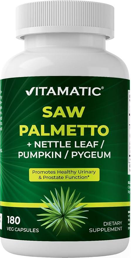 남성 및 여성용 Vitamatic Saw Palmetto 추출물 180개 식물성 캡슐 - 호박씨, 피지움, 쐐기풀 잎으로 제조 - 미국산 - 건강한 전립선 기능 증진 상품 이미지