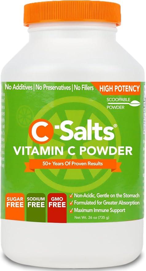 C-Salts 오리지널 비타민 C 분말 보충제 - 면역 지원을 위한 100% 순수 고용량 완충 비타민 C 분말 - 무설탕 분말 음료 아스코르브산염, 유기농, 위장 친화적, 오리지널 26oz