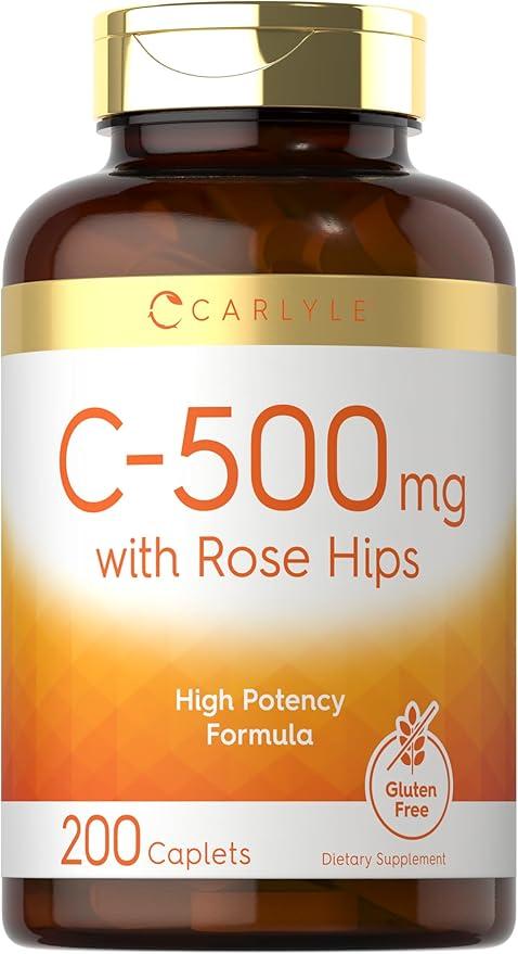 칼라일 비타민C 위드 로즈 HIPS 500mg | 200 캐플릿 | 고효능 포뮬러 | 채식주의자, 유전자 변형 성분 무함유 및 글루텐 프리 보충제