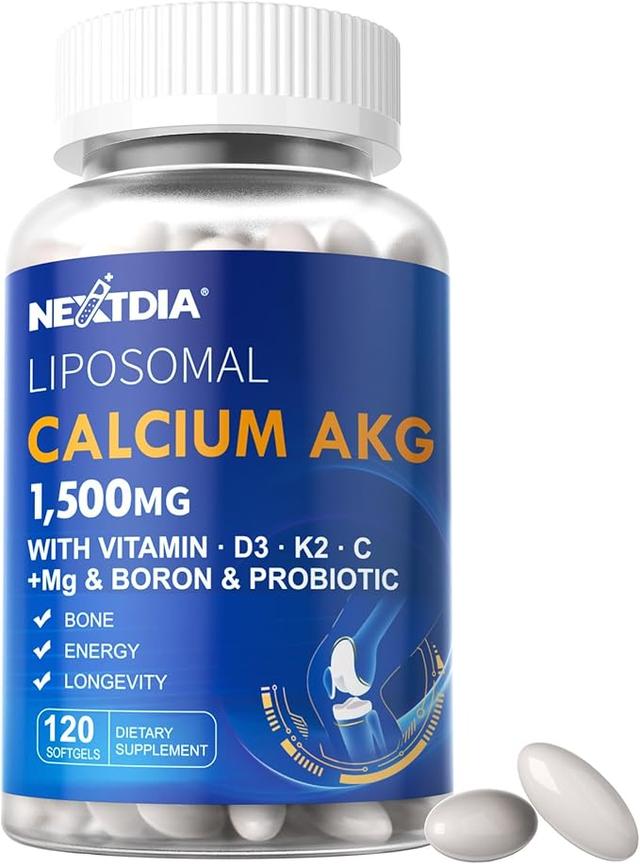 리포좀 칼슘 AKG 보충제 1500mg (비타민 D3 & K2 함유, 여성 및 남성용 소프트젤)│ 높은 흡수율│마그네슘 글리시네이트, 붕소, 프로바이오틱스, 뼈 건강 비타민 C 함유 - 120정