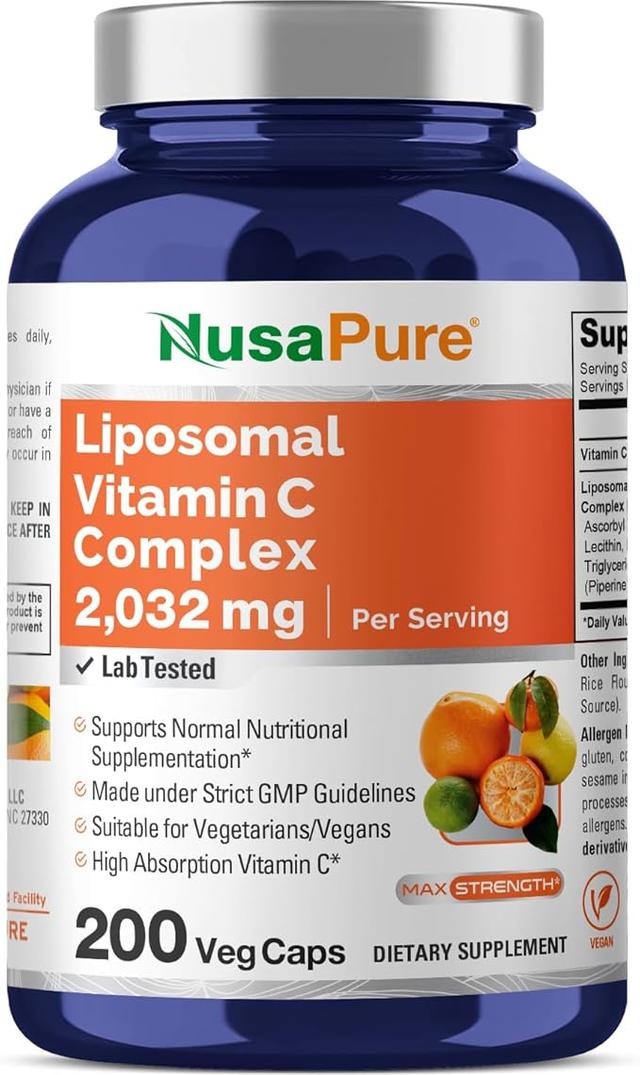 NusaPure 리포솜 비타민 C 2032mg - 200 베지 비건 캡슐, 바이오페린 - 고흡수 아스코르브산