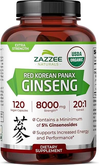 Zazzee USDA 유기농 레드 코리안 인삼 20:1 추출물, 강도 8000mg, 진세노사이드 5%, 비건 캡슐 120개, 표준화 및 농축 뿌리 추출물 20개, 100% 채식주의자, 천연 성분, GMO 프리 상품 이미지