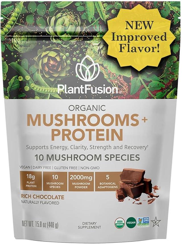 Plantfusion 버섯 단백질 파우더 - 3 in 1 비건 단백질 파우더, 버섯 보충제 및 강장제 보충제 - 정신 집중력, 면역 및 회복 지원 - 초콜릿 453.6g(1파운드)