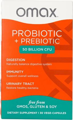 Omax Prebiotic & Probiotic 50 Billion CFU + Chicory Inulin, 10 Strains, Reduce Bloating, Digestion, SIBO, Leaky Gut, Vaginal pH, Acidophilus, Vegan, Dairy Free, Gluten Free, Blister Packaged 이미지