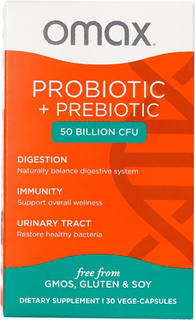 Omax Prebiotic & Probiotic 50 Billion CFU + Chicory Inulin, 10 Strains, Reduce Bloating, Digestion, SIBO, Leaky Gut, Vaginal pH, Acidophilus, Vegan, Dairy Free, Gluten Free, Blister Packaged 상품 이미지