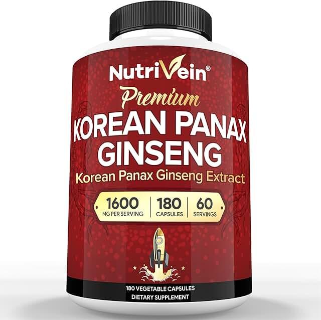 Nutrivein 프리미엄 한국 홍삼 보충제 1600mg - 180캡슐 - 활력, 투명도, 성능 및 방어를 위한 강력한 한국 홍삼 상품 이미지