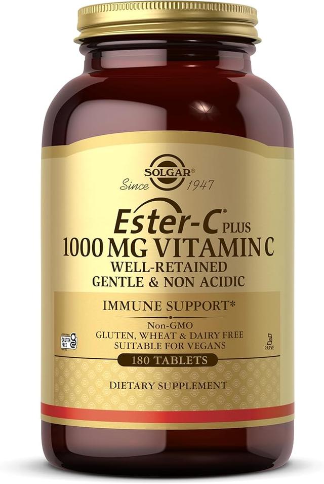 Solgar Ester-C 플러스 1000mg 비타민 C(아스코르브산염 복합체) - 180정 - 순하고 비산성 - 상기도 건강 지원 - 유전자 변형 성분 무함유, 글루텐 프리 - 180회 제공량