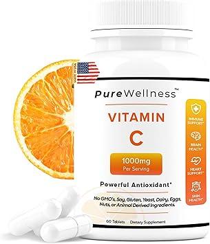 Purewellness - 비타민 C 1000mg 정제 | 비타민 C 정제: 고효능 면역 지원 및 항산화 보호 | 건강한 피부, 콜라겐 생성 및 전반적인 건강 증진 | 120 캡슐