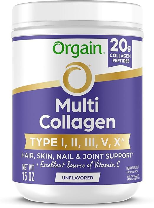 Orgain 가수분해된 멀티 콜라겐 파우더, 여성 및 남성용, 콜라겐 20g, 머리카락, 피부, 손톱 및 관절 건강 지원, 타입 I, II, III, V, X, 비타민 C 및 아미노산, GMO 프리, 무향 (21회분) 425.2g(15온스)