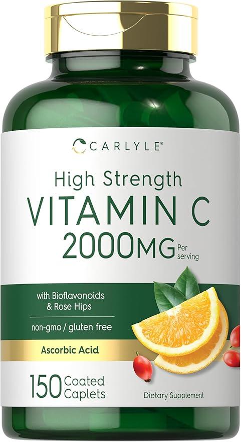 칼라일 비타민C 2000mg | 로즈 힙 함유 | 150 캐플릿 | 채식주의자, 유전자 변형 성분 무함유, 글루텐 프리 보충제