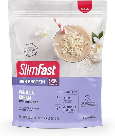 SlimFast 고단백 식사 대용 파우더, 단백질 쉐이크 믹스, 고급 영양 스무디 믹스, 비타민 및 미네랄 블렌드, 글루텐 프리, 바닐라 크림, 26회분, 0.7kg(1.5파운드) (포장은 다를 수 있음) 상품 이미지