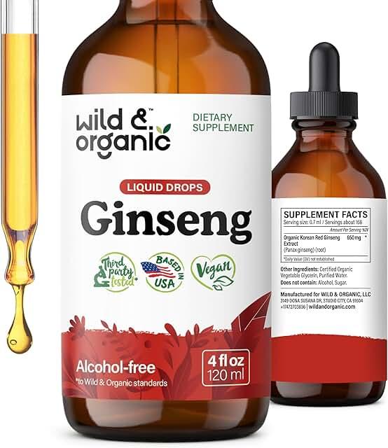 Wild & Organic Korean Panax 인삼 추출물 액체 - 전반적인 웰빙을 위한 홍삼 뿌리 보충제 - 면역 지원 드롭 - 비건, 설탕 및 알코올 프리 팅크 - 118.3ml(4온스) 상품 이미지