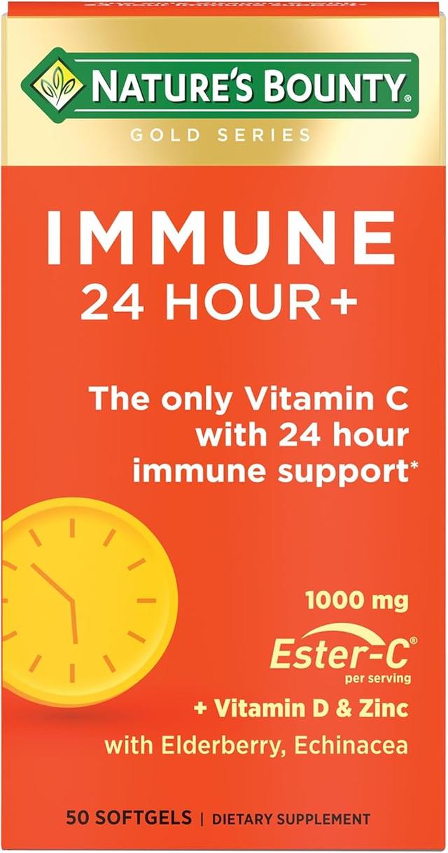 Nature's Bounty, Immune 24 Hour +, 에스테르-C의 24시간 면역 지원 함유 유일한 비타민C, 비타민C 1000mg, D & 아연, 글루텐 프리, 속방형 소프트젤, 하루 소프트젤 2정, 50개입