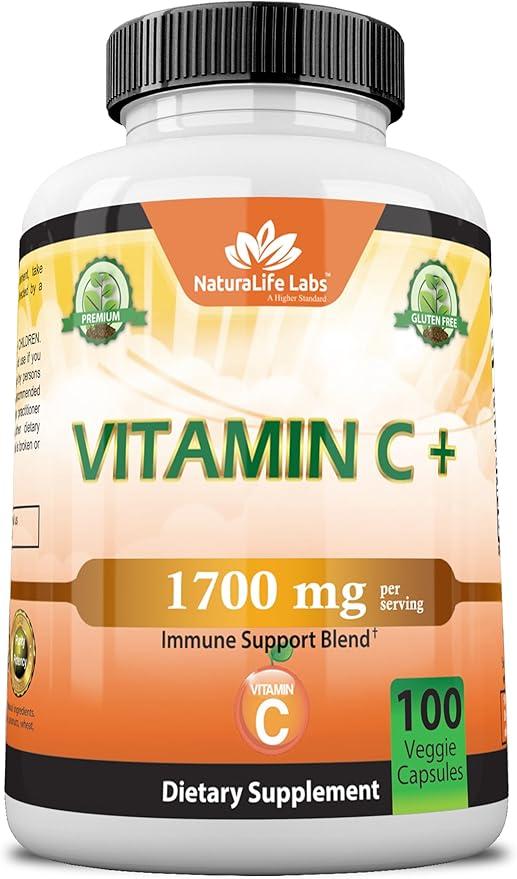NaturaLife Labs, 비타민 D3, 아연, 엘더베리, 생강 뿌리 함유 고등 비타민 C 1,700MG - 맥시멈 스트렝스 멀티 시스템 면역 지원 - 베지 캡슐 100정