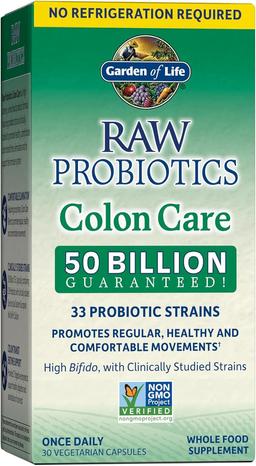 Garden of Life RAW Probiotics Colon Care Shelf Stable - 50 Billion CFU Guaranteed Through Expiration - Once Daily - Certified Non-GMO & Gluten Free - No Refrigeration, 30 Vegetarian Capsules 이미지