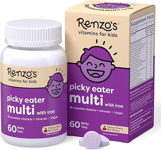 Renzo's Picky Eater Kids Multivitamin with Iron, Dissolving Kids Vitamins with Vitamin D3 & K2 and More, 60 Sugar-Free Melty Tabs, Cherry Mo’ Cherry Flavored 상품 이미지