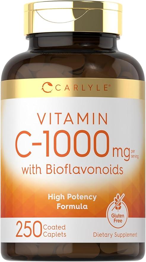 칼라일 비타민C 1000mg, 바이오플라보노이드 함유 | 250 캡슐 | 로즈 힙 포함 | 채식주의자, 유전자 변형 성분 무함유, 글루텐 프리 보충제