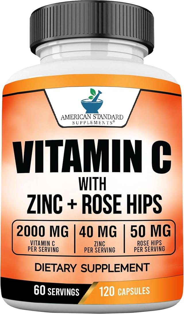 American Standard 보충제 비타민 C 2000mg, 아연 40mg 및 로즈 힙 50mg 제공량당 – 비건, 글루텐 프리, 유전자 변형 성분 무함유 (120 개입)