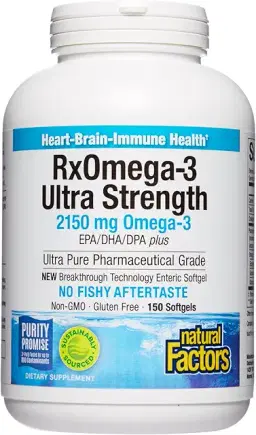 Natural Factors, Ultra Strength RxOmega-3 피쉬 오일, 고효능 포뮬러, 1회 제공량당 2,150mg 오메가-3, 비린내 뒷맛 없음, 소프트젤 150정 이미지