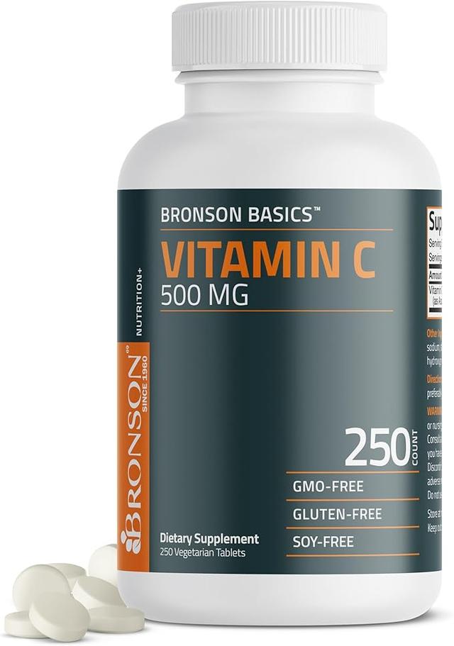 Bronson, 비타민 C 500MG, 건강한 면역 체계 및 항산화 보호 지원, 유전자 변형 성분 무함유, 250 베지 정제