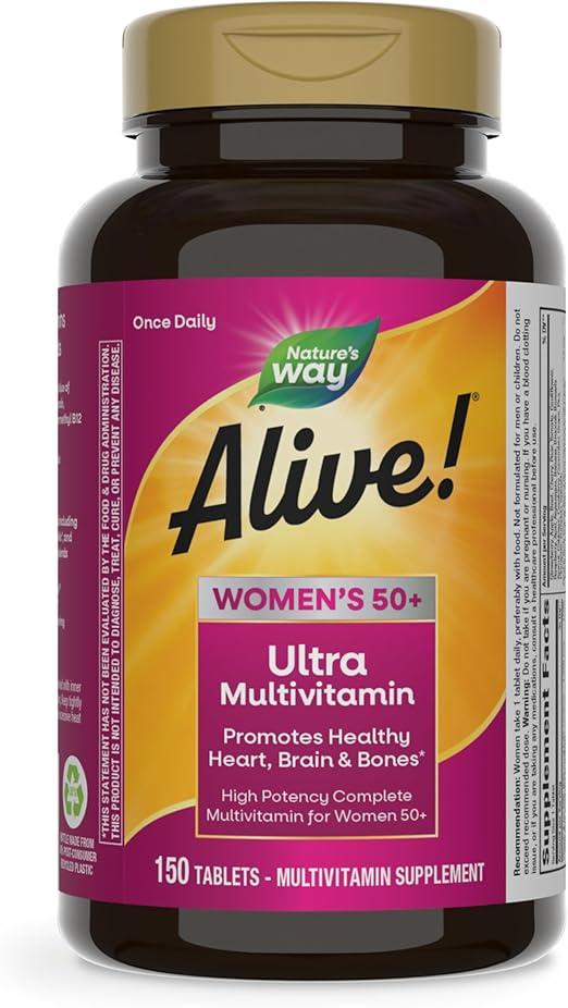 Nature’s Way Alive! Vitamins for Women 50 Plus, Complete Multivitamin, High Potency Formula, with Methylated B12, Gluten-Free, 150 Tablets 상품 이미지