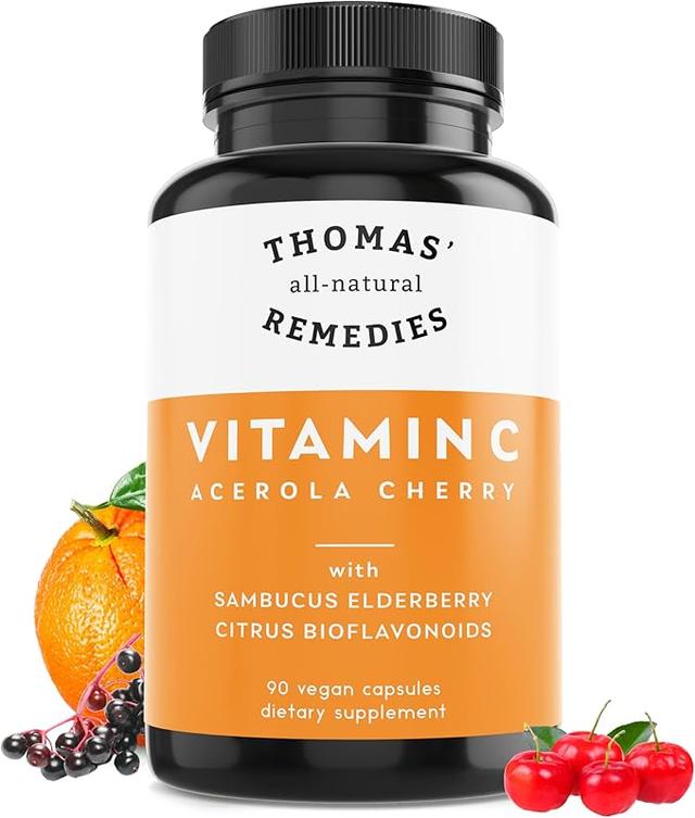 Thomas' All-Natural Remedies 유기농 엘더베리 함유 비타민C 유기농 시트러스 바이오플라보니드 - 천연 식품 보충제 - 유전자 변형 성분 무함유 - 무가공 비건 - 90 캡슐