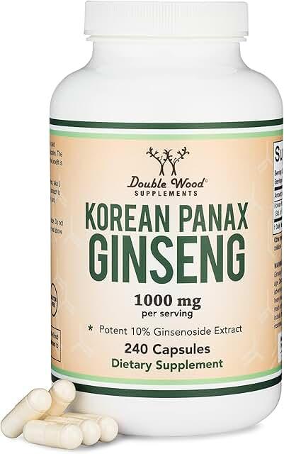 Double Wood 인삼 캡슐 (한국산 홍삼 추출물, 인삼 10% 진세노사이드) (4개월 분량) 비건 캡슐 240개 - 기분, 인지 기능 및 에너지 지원을 위한 1회 제공량당 1,000mg 상품 이미지