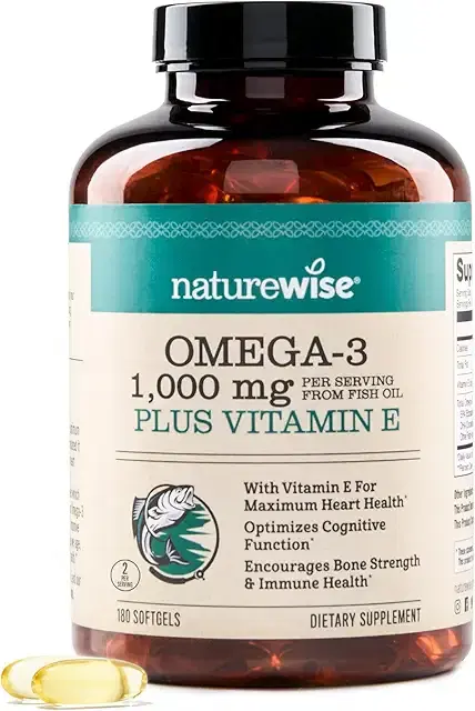 NatureWise 엑스트라 스트렝스 오메가 3 피쉬 오일 보충제 - 1회 제공량당 1000mg - EPA 600 및 DHA 400 및 비타민 E - 심장 및 뇌 건강 지원 - 레몬 맛, GMO 프리 - 소프트젤 180개[3개월 분량] 상품 이미지