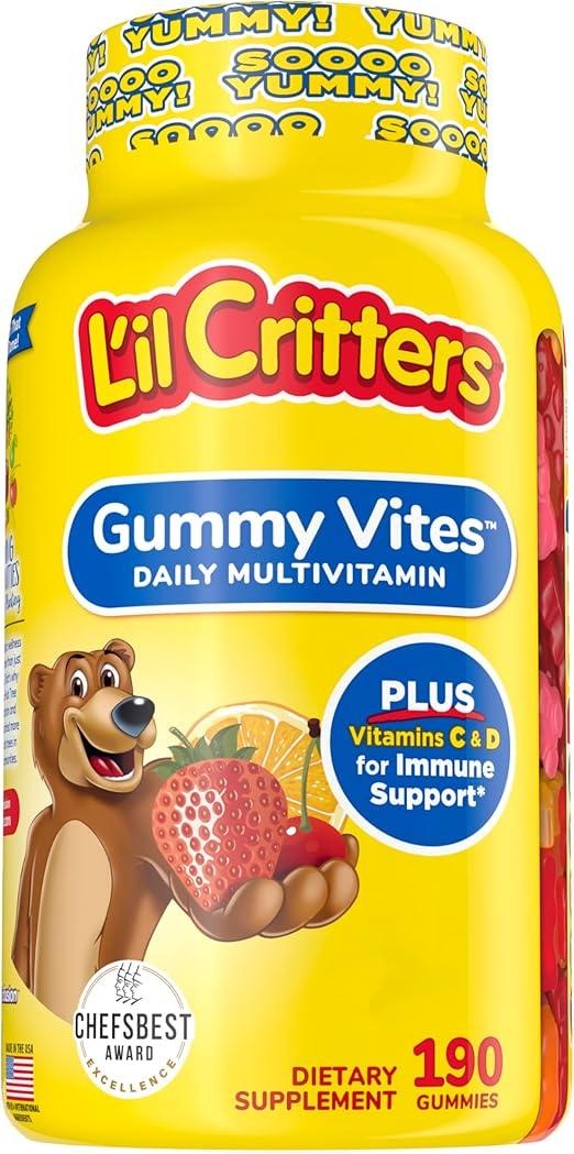 L'il Critters Gummy Vites Daily Kids Multivitamins Assorted Fruit Flavors for Ages 2+ Toddlers & Kids, Gummy Vitamin with Vitamin C and D, 95-190 Day Supply, 190 Gummies 상품 이미지