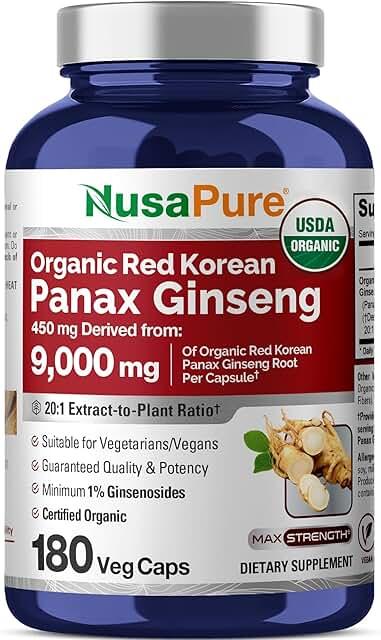 NusaPure Red Korean Panax 인삼 20:1 추출물, 450mg 9,000mg 180 식물성 캡슐 (USDA 유기농, GMO 프리, 비건, 채식주의자, 바이오페린) 상품 이미지