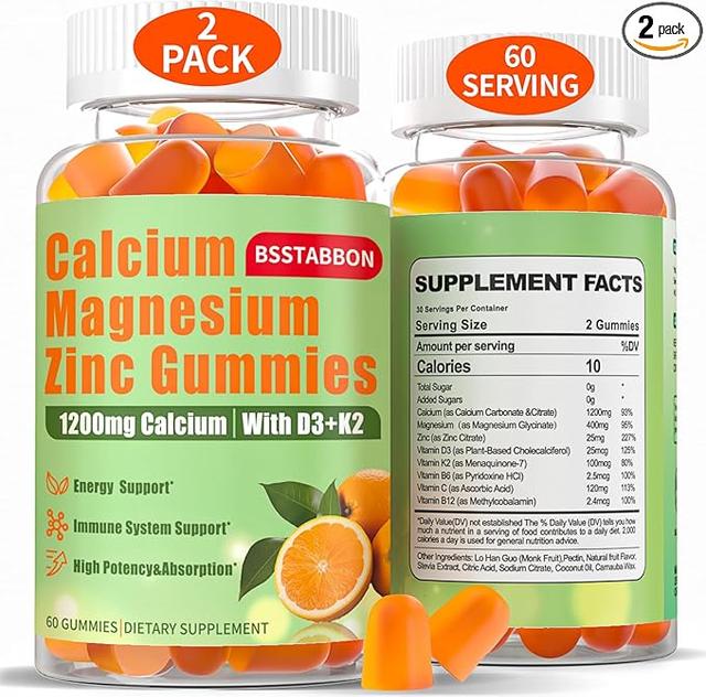 성인용 칼슘 마그네슘 아연 젤리: 1200mg 칼슘 시트레이트, 400mg 마그네슘 글리시네이트, D3 B12 함유 - 무설탕 고흡수 보충제 (여성용, 남성용) (60정(2팩))