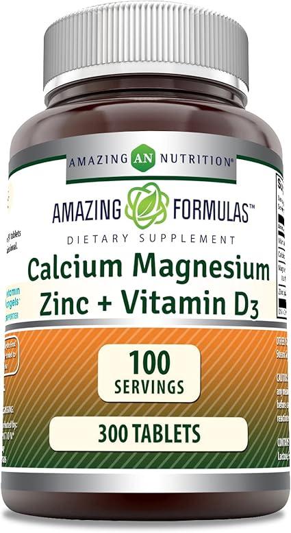 Amazing Formulas 칼슘 마그네슘 아연 D3 - 병당 300정 보충제 (칼슘 1000mg - 마그네슘 400mg - 아연 25mg 플러스 비타민 D3 600 IU - 3정 1회 제공량 당)
