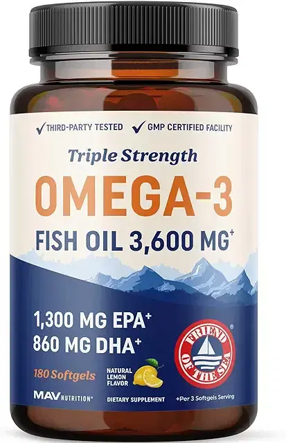 Triple Strength 오메가 3 피쉬 오일 3600mg | EPA 및 DHA | 2100mg 이상의 오메가-3 지방산 | 1300mg EPA + 860mg DHA | 최고의 필수 지방산 | 프리미엄 야생 포획 및 트림없는 피쉬 오일 | 180개입 상품 이미지