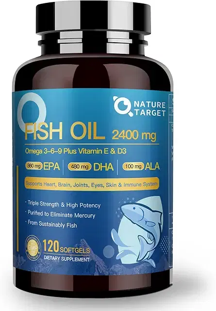 NATURE TARGET 트리플 오메가 3 6 9, 피쉬 오일 2400mg 소프트젤 비타민 D3 및 E 포함 - EPA 및 DHA 및 ALA - 심장, 뇌, 관절 및 면역 건강 지원, 지속 가능한 공급, GMO 프리